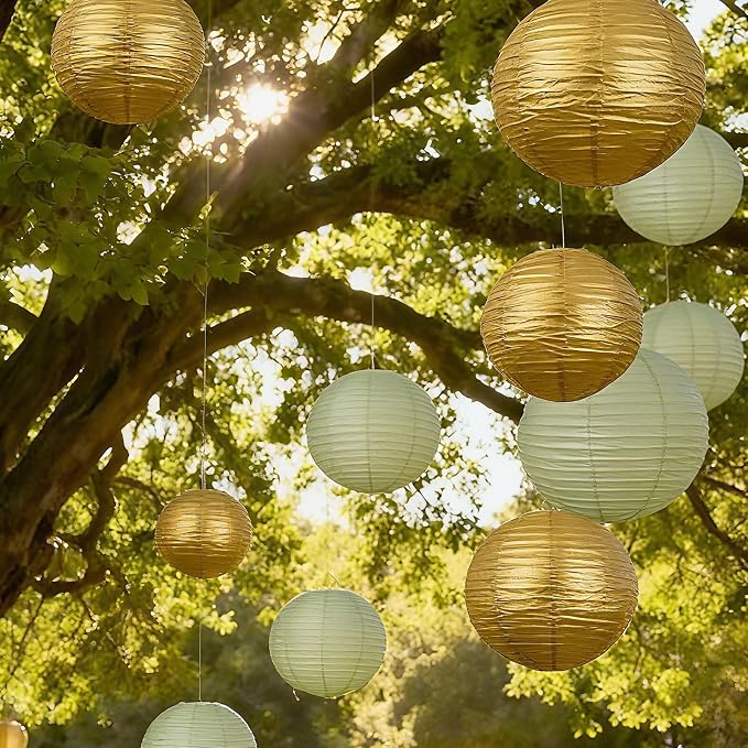 20Pcs Paper Lanterns Decorative, Sage Green and Gold 6"8"10" - Image 4