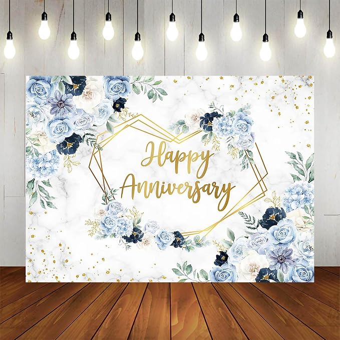 Happy Anniversary Backdrop 7x5ft Blue and White Flowers Wedding Anniversary - Image 5