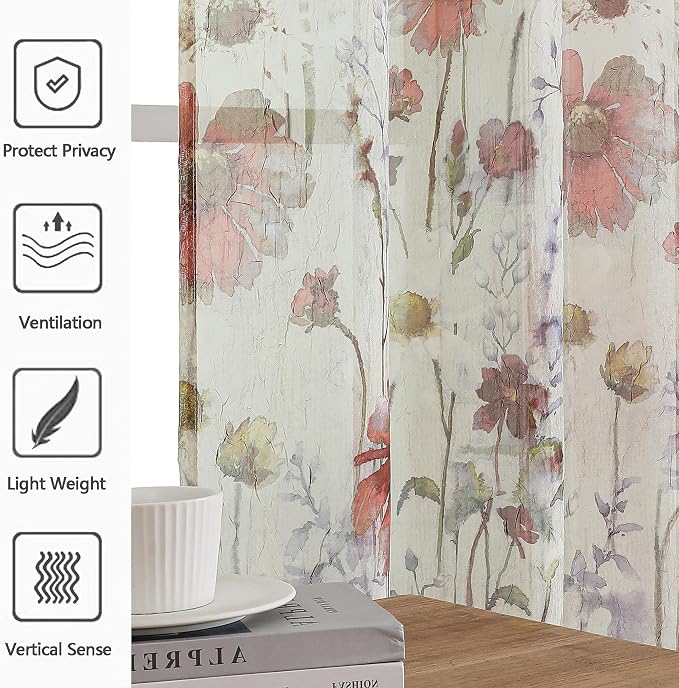 Crushed Sheer Curtains 84 Inch Length 2 Panels Set, Sheer Floral Curtains - Image 6