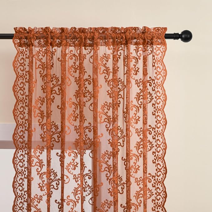 Rust Orange Lace Curtains 84 Inches Long Country Battenburg Lace Curtains - Image 3
