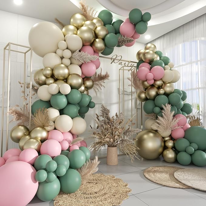 Sage Green Pink White Gold Balloons Garland Arch Kit by MOXMAY