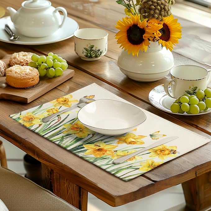 Spring Daffodils Placemats Set of 4 Watercolor Yellow Flower Table Mats Summer - Image 6