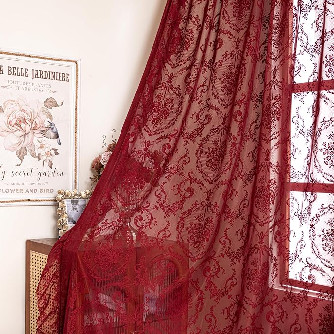 Deeprove Sheer Lace Curtains Burgundy Red 96 Inches Length - Image 6