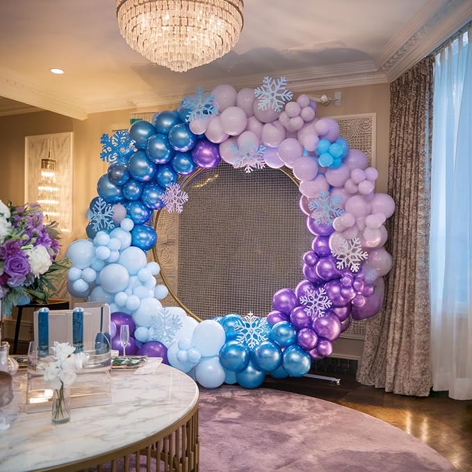 Blue Purple Snowflake Balloons, Pearl Light Blue Purple Metallic Clear Latex - Image 7
