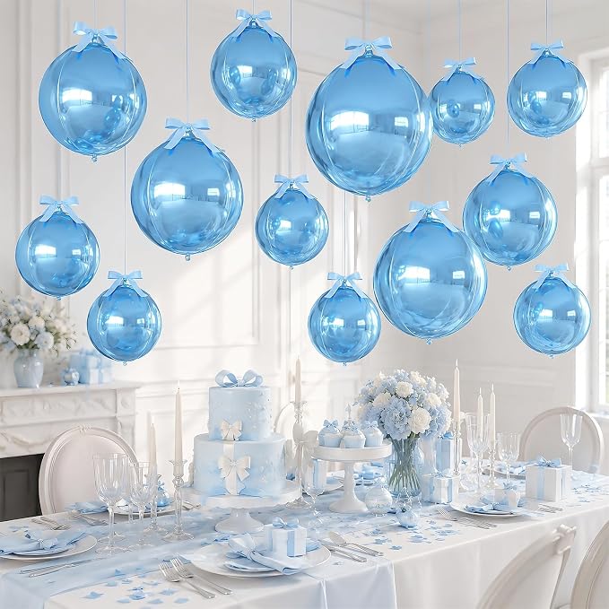Blue Round Foil Balloons with Satin Bows Ribbon - Image 4