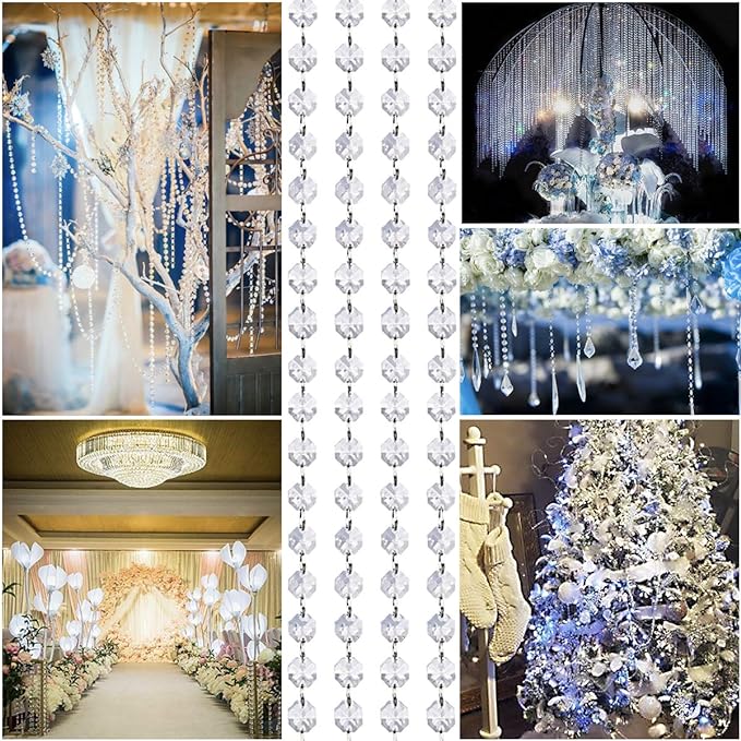 33ft K9 Glass Crystal Garland Strands - Hanging Chandelier Gem Bead Chain - 14mm Clear Octagon Prism Diamond String Decorations for Wedding Party Manzanita Centerpiece Christmas Tree