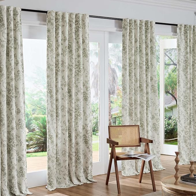 jinchan Green Floral Linen Blackout Curtains 63 Inch Back Tab 2 Panels | - Image 7