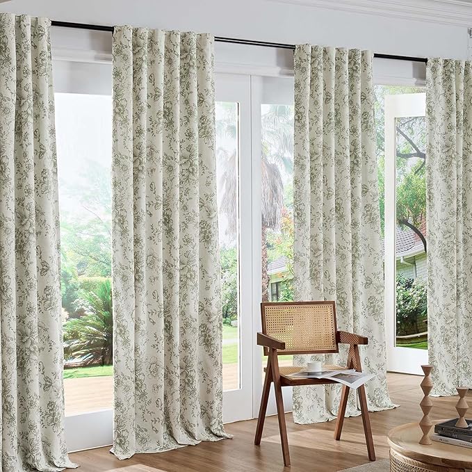 jinchan Green Floral Linen Blackout Curtains 84 Inch Back Tab 2 Panels | - Image 7