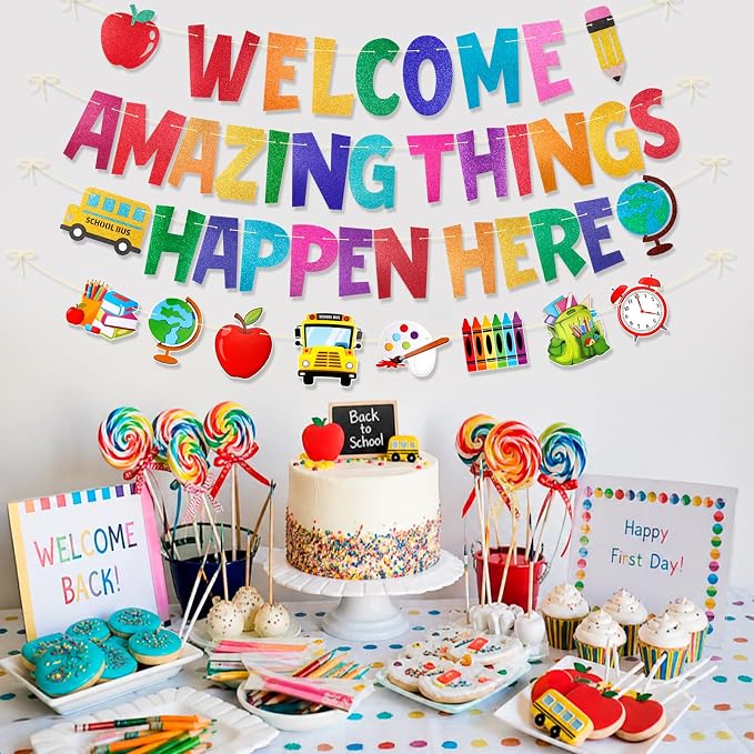 HOWAF Glitter Welcome Amazing Things Happen Here Banner, Back to School Garland - Image 4