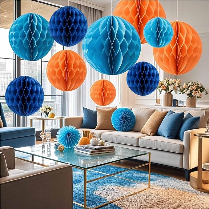 Orange and Blue Paper Honeycomb Flower Balls-12 Pcs 6" 10" Tissue Pompoms They - Image 5