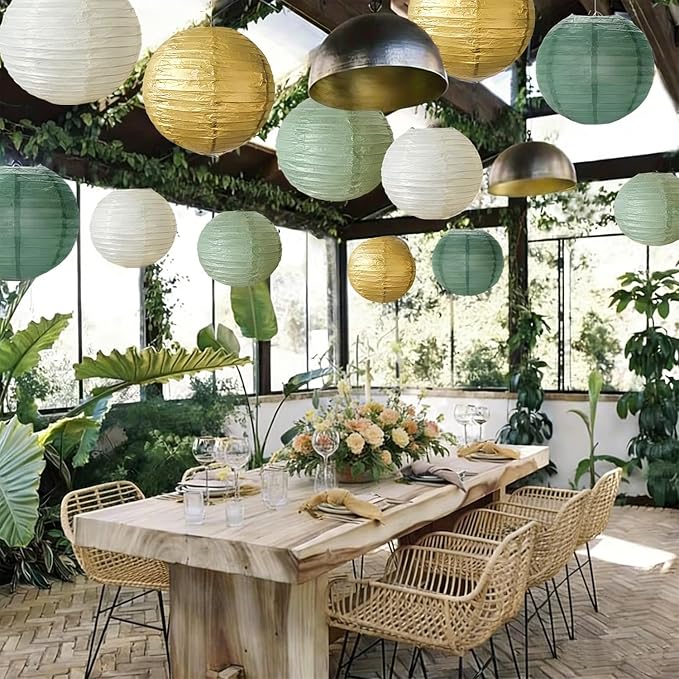 12Pcs Sage Green Gold Paper Lanterns Olive Chinese Hanging Round Paper Lanterns - Image 6