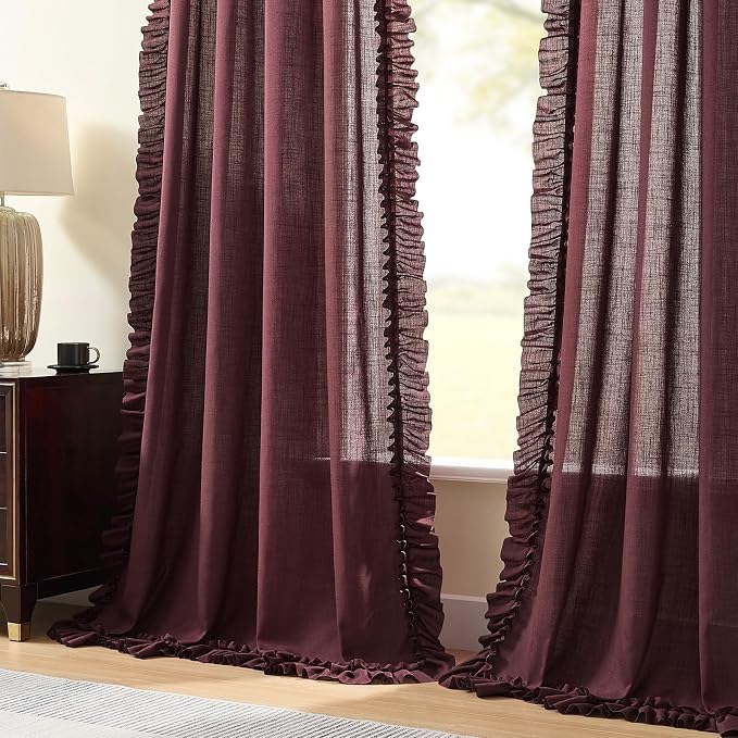 Burgundy Linen Ruffled Curtains - Image 5