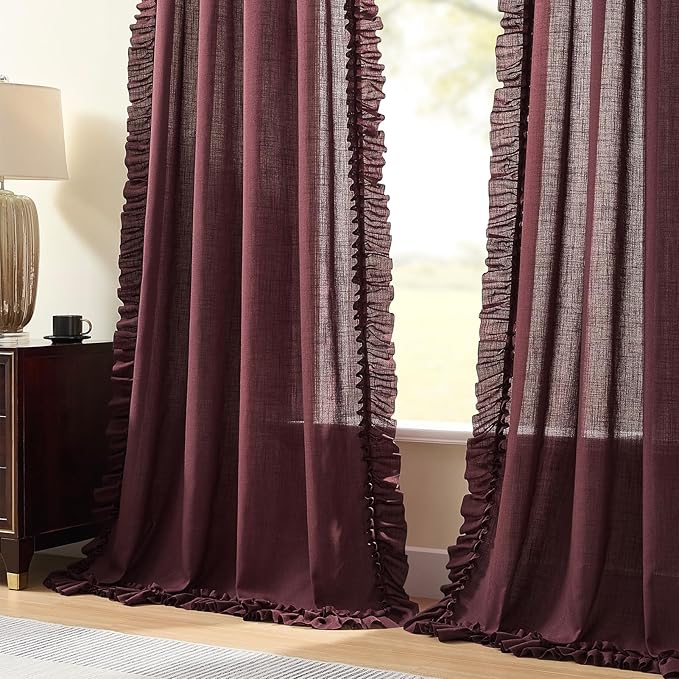 Burgundy Farmhouse Curtains for Bedroom Boho Chic 58 x 84 Inch, 2 Panels | Rod - Image 4