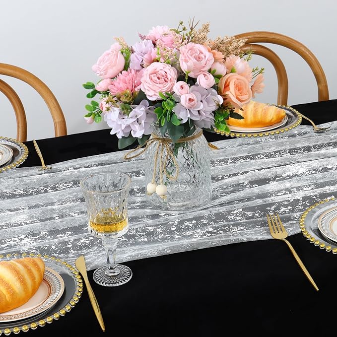 LOMOHOO 10 Ft Silver Table Runner, Silver Sheer Sequin Table Runners 120 Inches Long Glitter Metallic Foil Lace Fabric Table Decor for Birthday Party Wedding Anniversary Centerpiece (4pcs)
