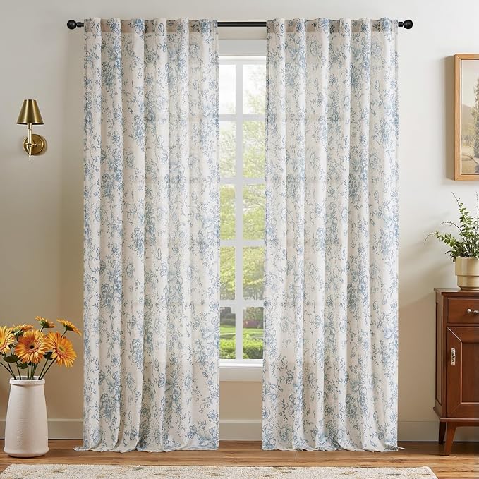 jinchan Blue Floral Linen Curtains 108 Inch Farmhouse Back Tab 2 Panels | Light - Image 7