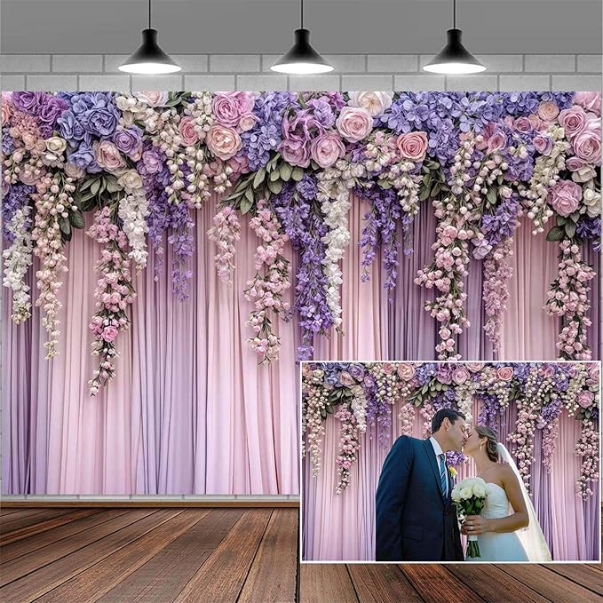 12x10ft Purple Flower Wedding Photography Backdrop Lavender Floral Wedding Bridal Photography Backdrop Anniversary Birthday Baby Shower Girl Party Banner Photo Booth Props Background Wall Decor