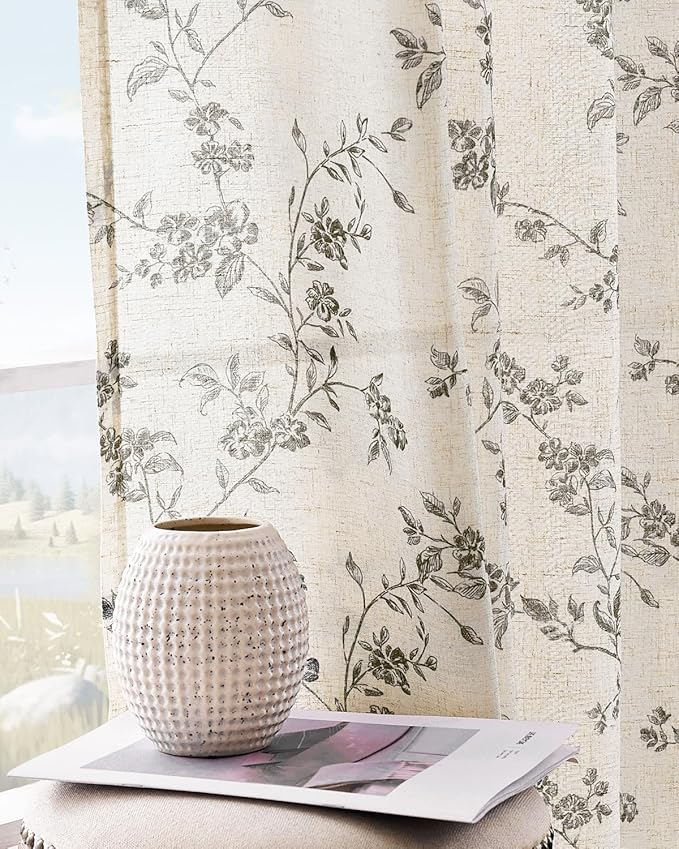 jinchan Black Floral Linen Curtains 63 Inch Farmhouse Back Tab 2 Panels | - Image 5