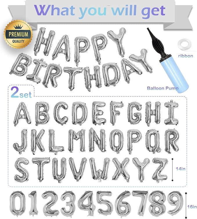 Silver Happy Birthday Balloon Banner Set -16" Foil Letters Balloons | 76pcs - Image 3