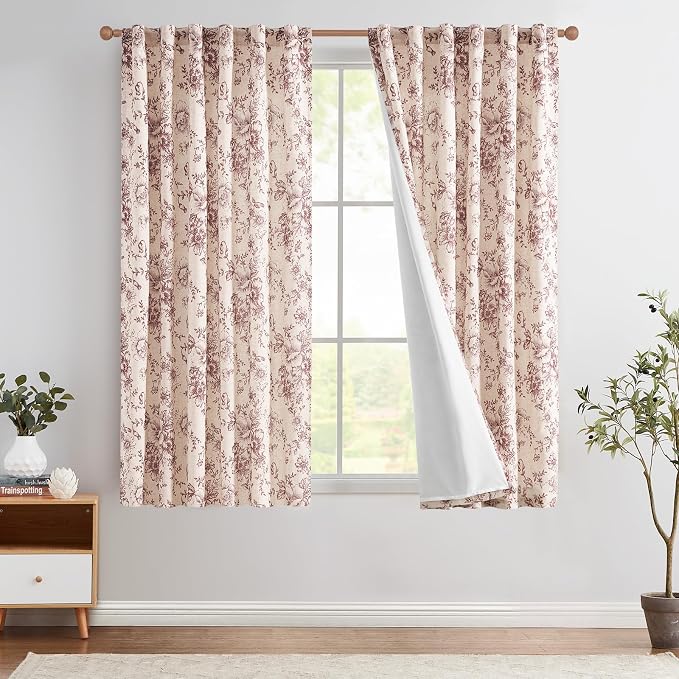 jinchan Red Floral Linen Curtains Lined 63 Inch Farmhouse Back Tab 2 Panels | by JINCHAN