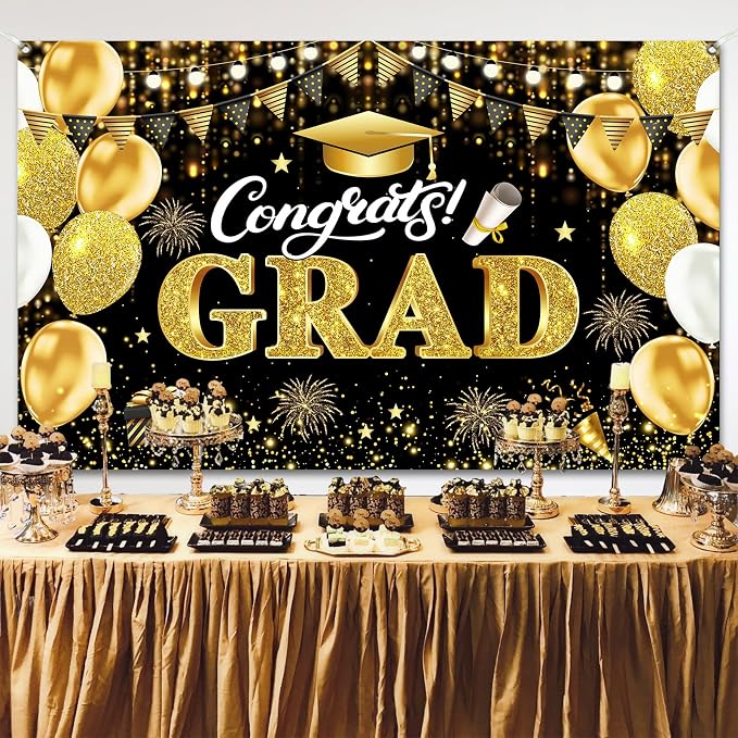 Black Gold Graduation Banner Backdrop 2026 5.9x3.6ft Congrats Grad Banner - Image 5