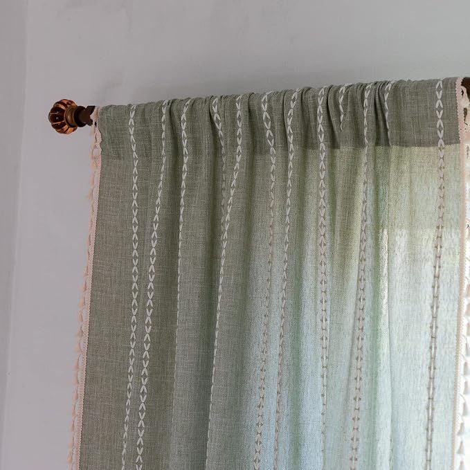 Boho Embroidery Striped Linen Curtains 84 Inches Long 2 Panels - Image 4