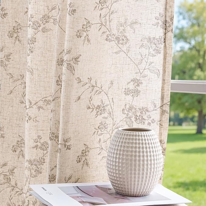 jinchan Taupe Floral Linen Curtains 84 Inch Farmhouse Back Tab 2 Panels | Taupe - Image 8