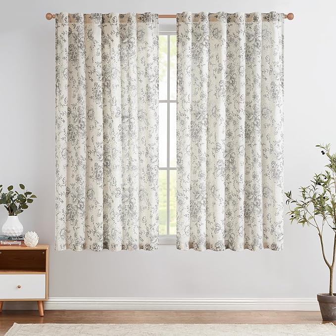 jinchan Grey Floral Linen Curtains 54 Inch Vintage Back Tab 2 Panels | Light - Image 2