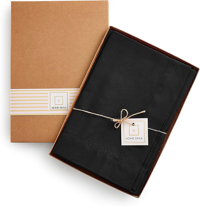 Cotton Linen Dinner Napkins Set of 4 – Hemstitch Black Cloth Dinner Napkins 20x20 Inch –Washable Fabric for Dining, Fall, Halloween, Thanksgiving, Summer, Wedding, Everyday Décor–Serena