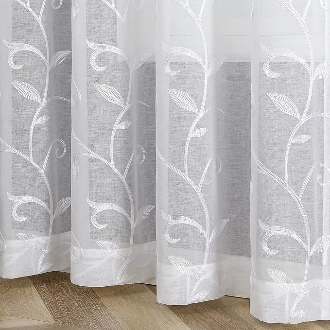 White Sheer Curtains Embroidered Leaves 2 Panels 54Wx72L | Light Filtering - Image 6