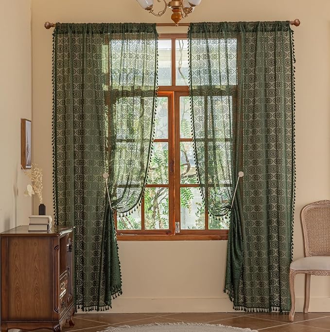 YJ YANJUN Boho Lace Curtains, Dark Green, 2 Panels | Vintage Floral Crochet - Image 4