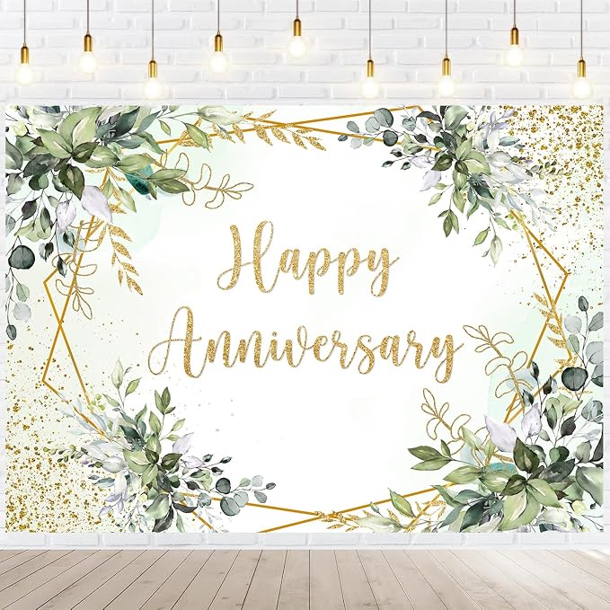 Withu Happy Anniversary Backdrop Sign Decorations Banner Sage Green Gold by withu