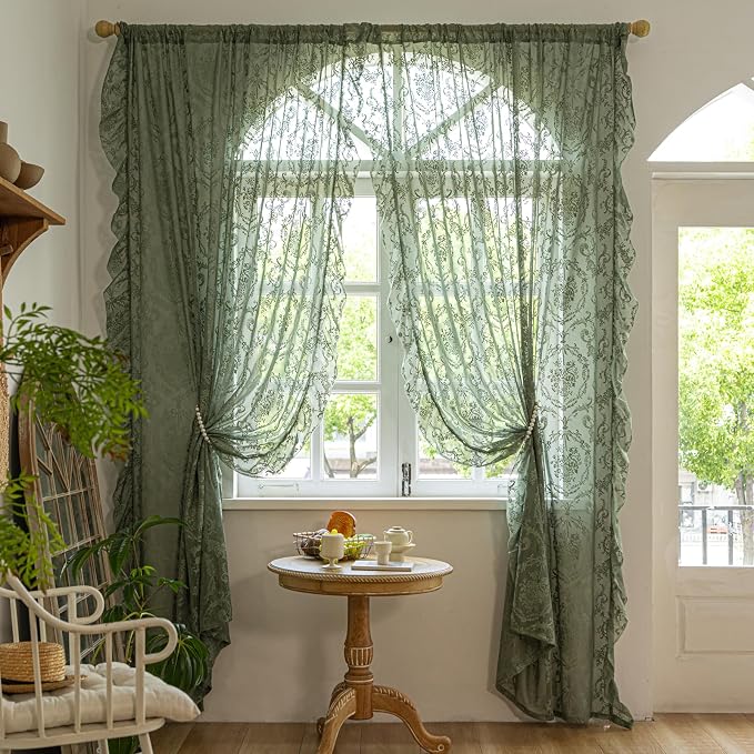 Deeprove Sheer Lace Curtains Olive Green 96 Inches Length - Image 2