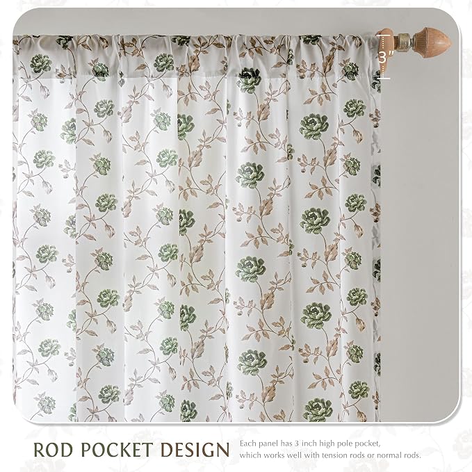 Beauoop Floral Sheer Curtains for Bedroom Green Brown 52x96 2 Panels | Semi - Image 8