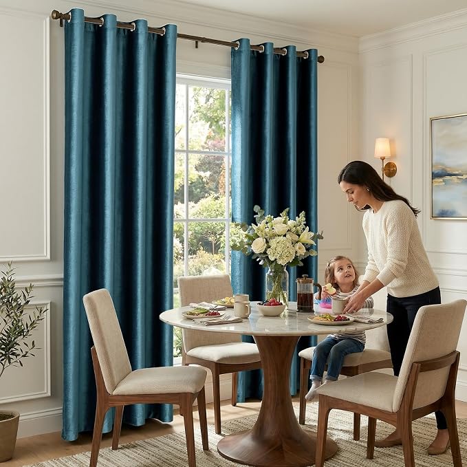 BULBUL Velvet Peacock Blue Blackout Curtains 102 inch Long - Image 4