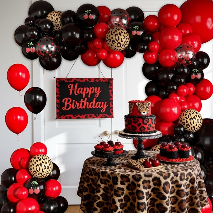 170Pcs Red and Black Leopard Cheetah Printed Balloons Garland Arch Kit | Cherry - Image 5
