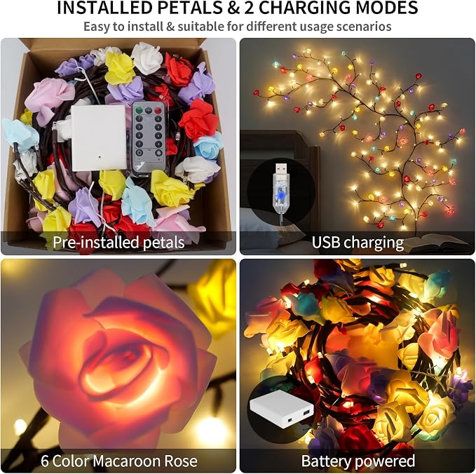 7.55FT 144LED Macaroon Rose Blossom Enchanted Willow Vine Light, Battery Box | - Image 4