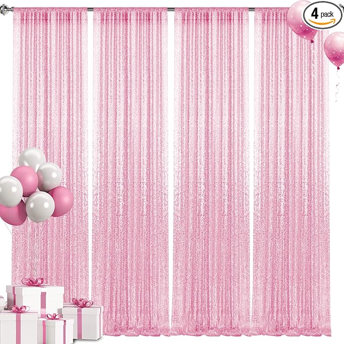 2×8FT-4PCS Pink Sequin Backdrop Curtains Panels, Photography Backdrop Glitter by Pufogu
