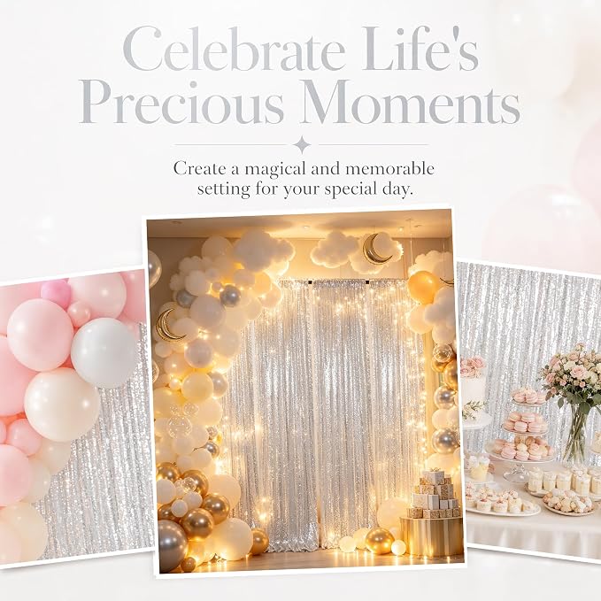ShinyBeauty 4 Panels Silver Sequin Backdrop Curtains 2x8ft Birthday Party | - Image 5