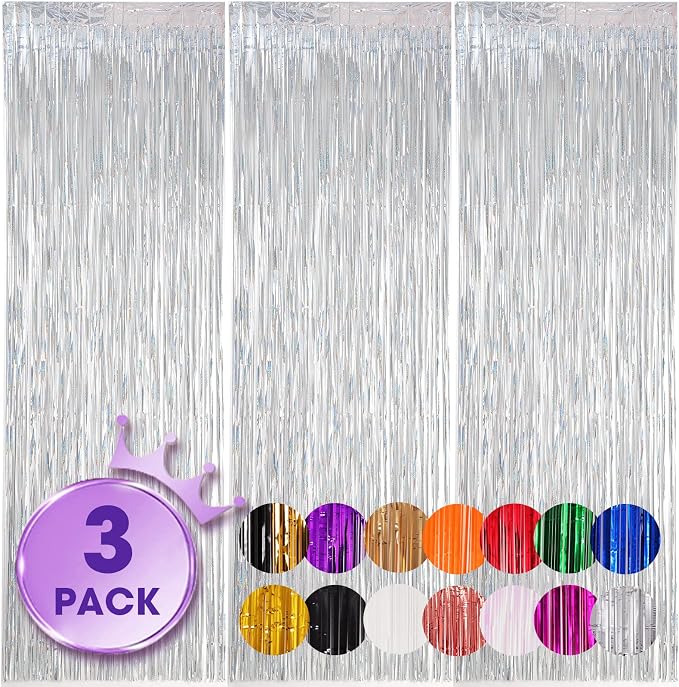 Voircoloria Laser Silver Foil Fringe Backdrop Curtains, 3 Pack | Tinsel by Voircoloria