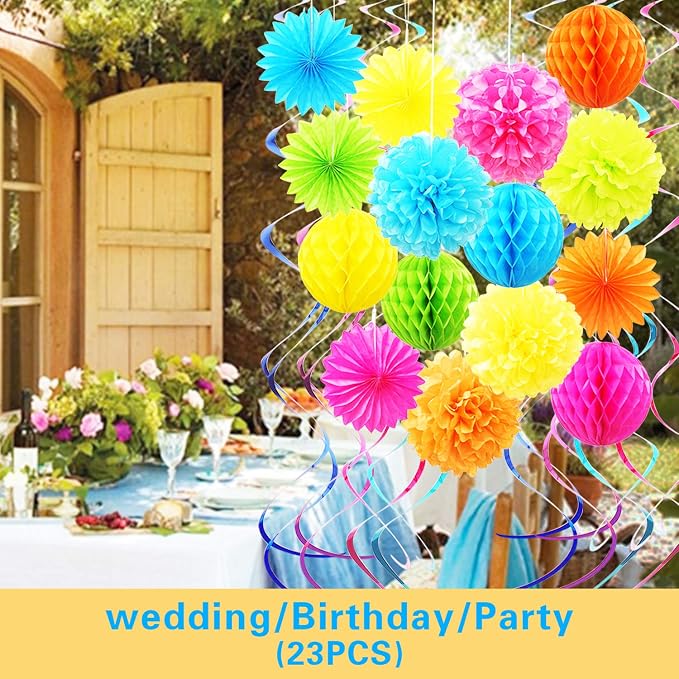 Colorful Paper Party Decorations, Tissue Paper Flower&Party Pom Poms wth Swirl - Image 6