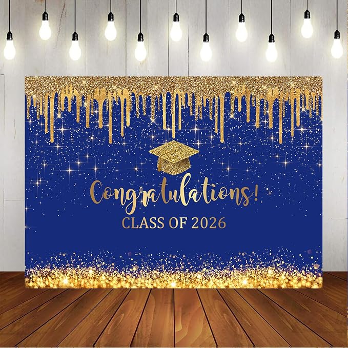 Mocsicka Blue and Gold Graduation Backdrop Congratulations Class of 2026 - Image 5