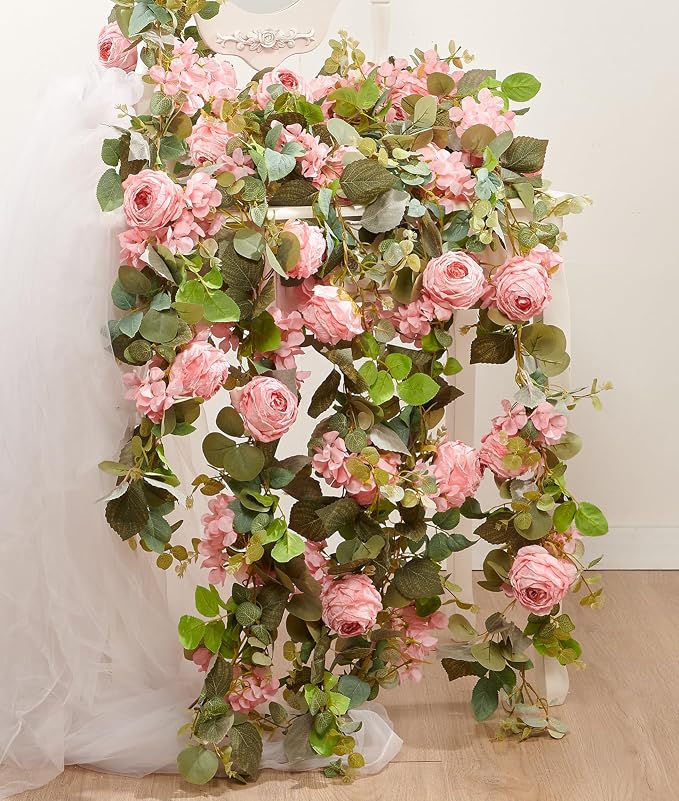 Artificial Flower Garland 2pcs 5.4ft Rose & Hydrangea Vine, Light Pink | - Image 6