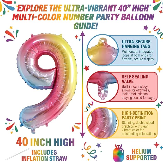 40" Rainbow Foil Number 9 Balloon - Image 2