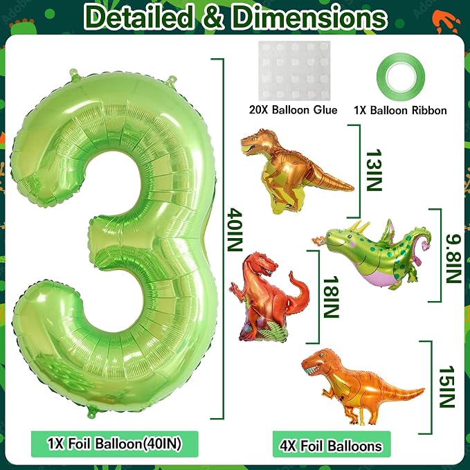 Dinosaur 3rd Birthday Decorations 40 Inch Giant Green Number 3 Foil Balloon | - Image 2