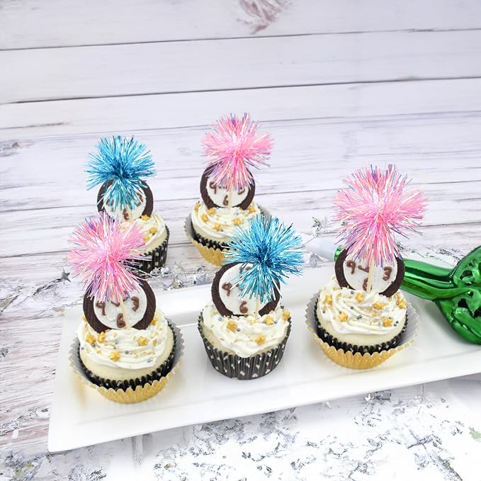 Gyufise 30Pcs Foil Firework Cupcake Toppers Sparkle Tinsel Cake Toppers Tinsel - Image 4