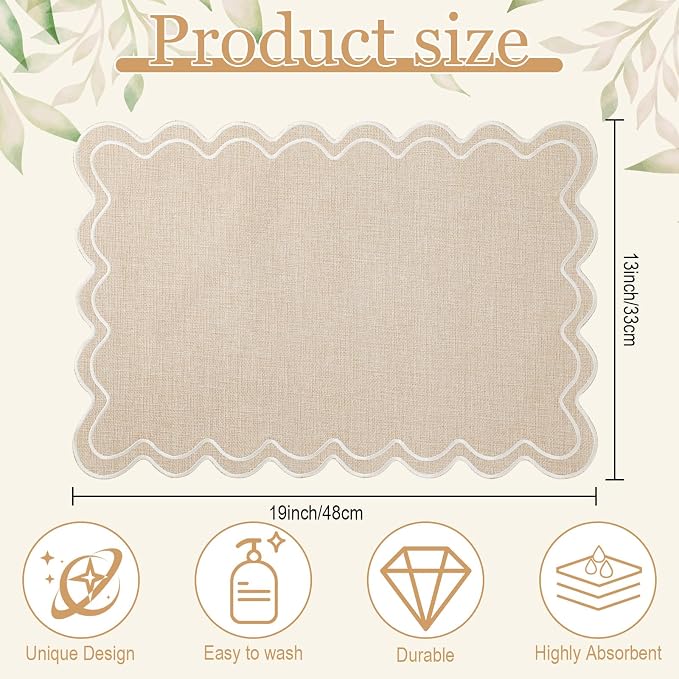 Linen Placemats Set of 12 Scalloped Placemat 13 X19 Wavy Embroidery Double - Image 2