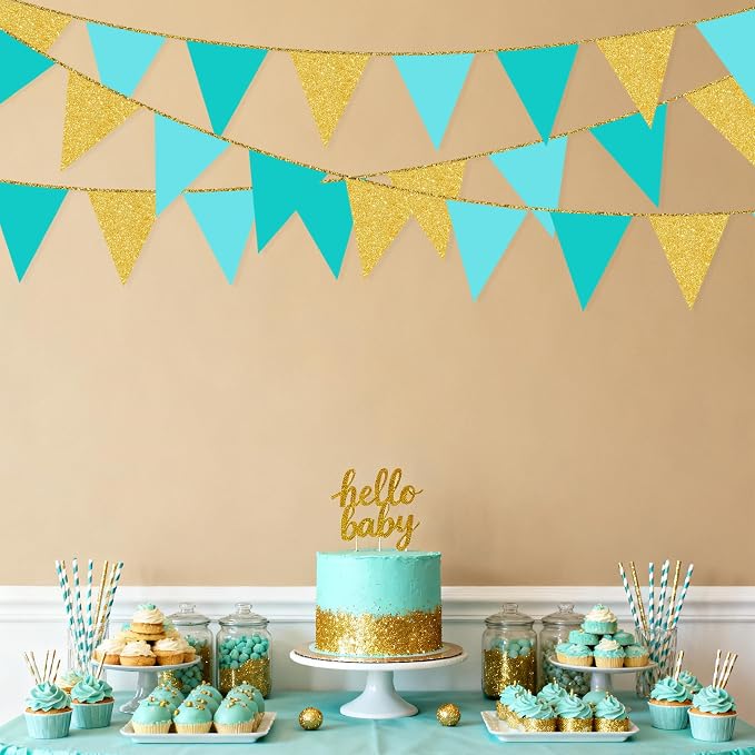 Teal Aqua Blue and Gold Party Decorations Pennant Banner Flag Hanging Glitter - Image 8