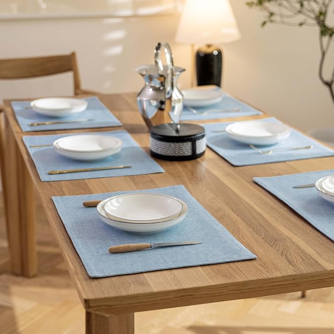 Demetex Blue Placemats Set of 6 Heat Resistant Farmhouse Burlap Placemats - Image 6