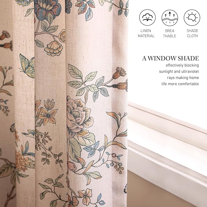 Designer French Linen Printed Curtains, 2 Panels, Bird and Flowers Pattern Draps - Image 8
