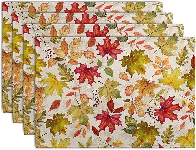 Fall Maple Leaves Placemats Set of 4 12x18 Inch Thanksgiving Autumn Colorful by Wnoesat
